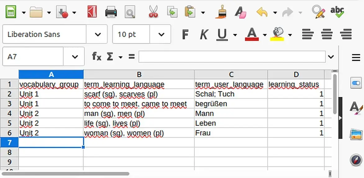Beispiel einer tabellarischen Vokabelliste in Excel