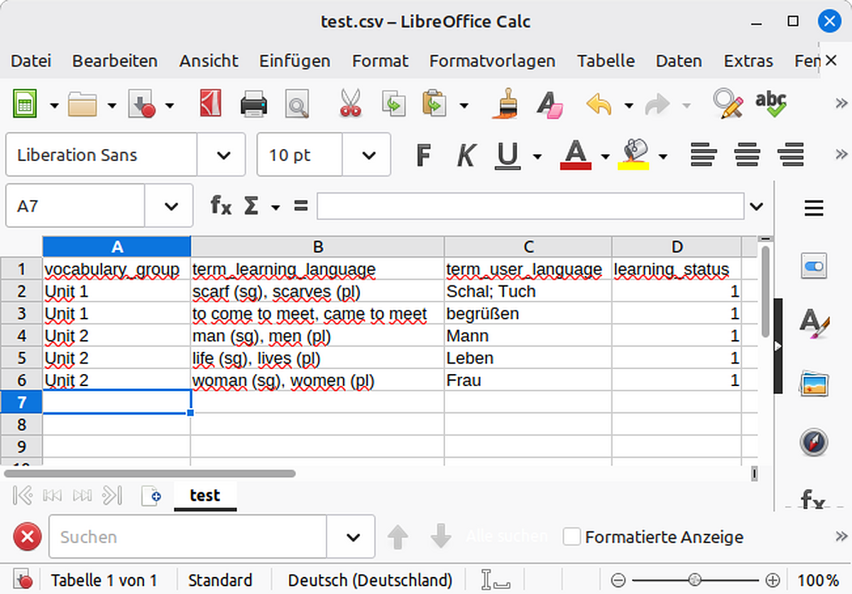 Beispiel einer tabellarischen Vokabelliste in Excel