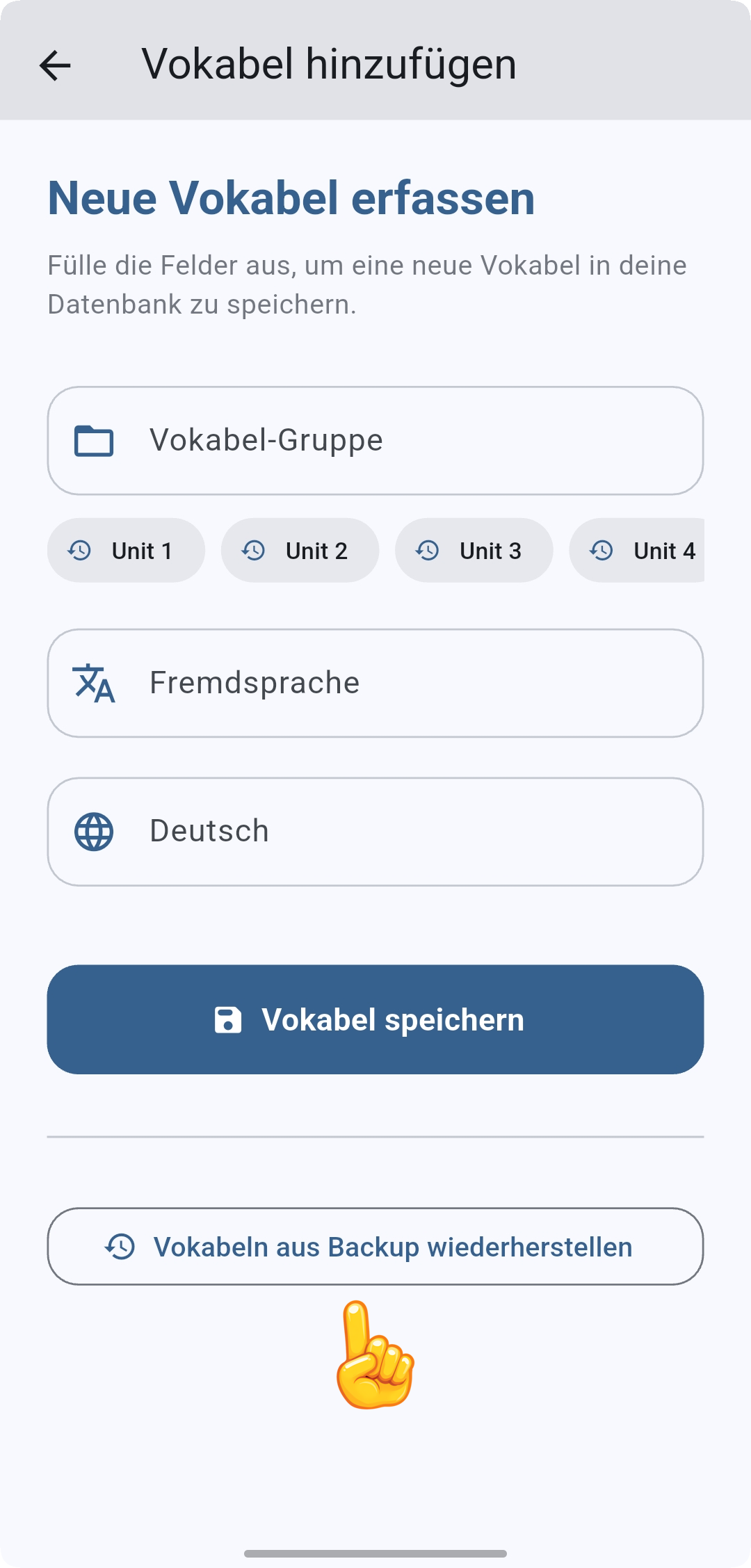 Screenshot der VokabelSafe App: Schaltfläche Vokabeln aus Backup wiederherstellen