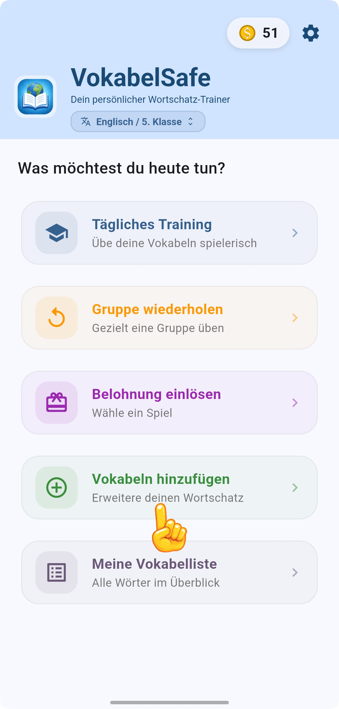 Screenshot der VokabelSafe App: Hauptseite mit Button Vokabeln hinzufügen