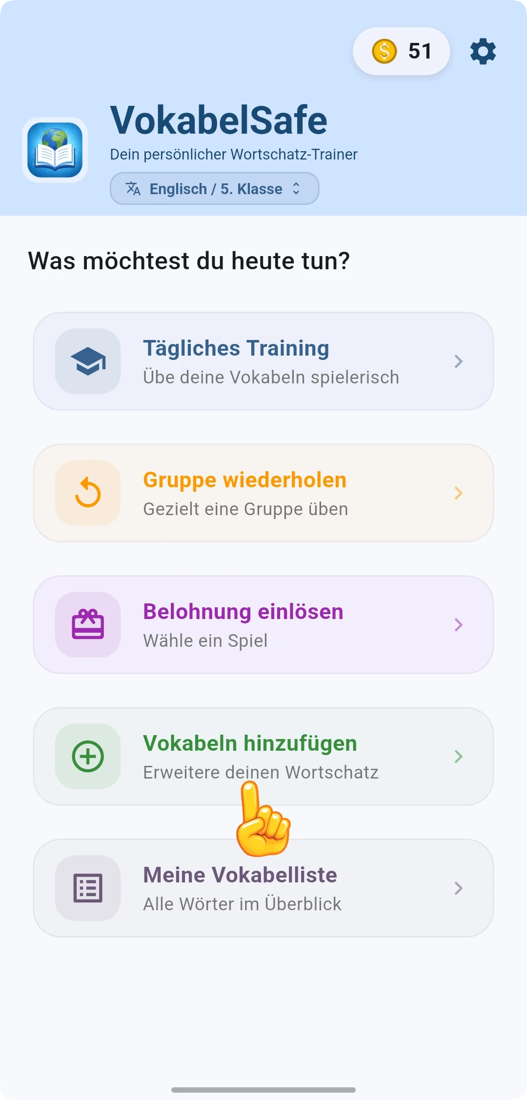 Screenshot der VokabelSafe App: Hauptseite mit Button Vokabeln hinzufügen