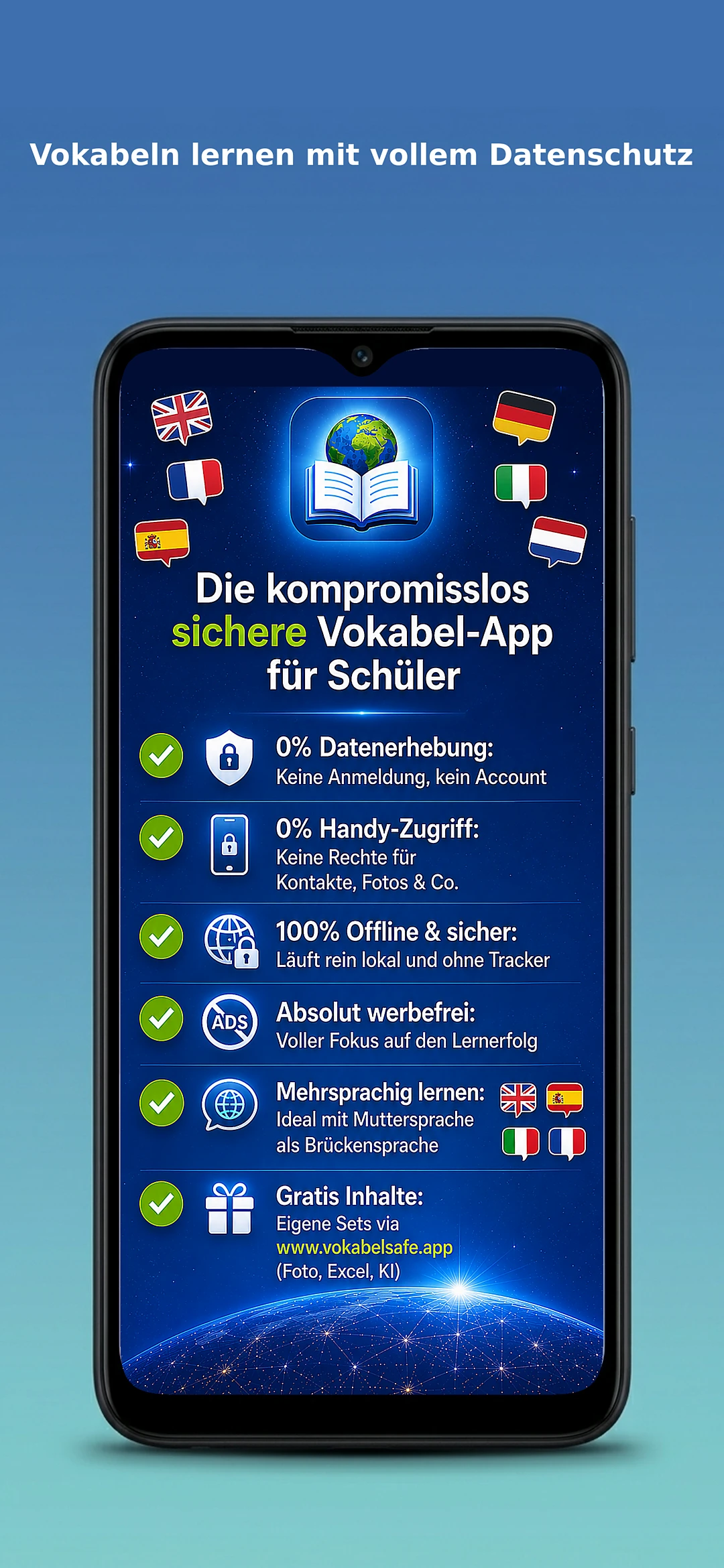 VokabelSafe App Smartphone Screenshot – Vokabeln abfragen und lernen