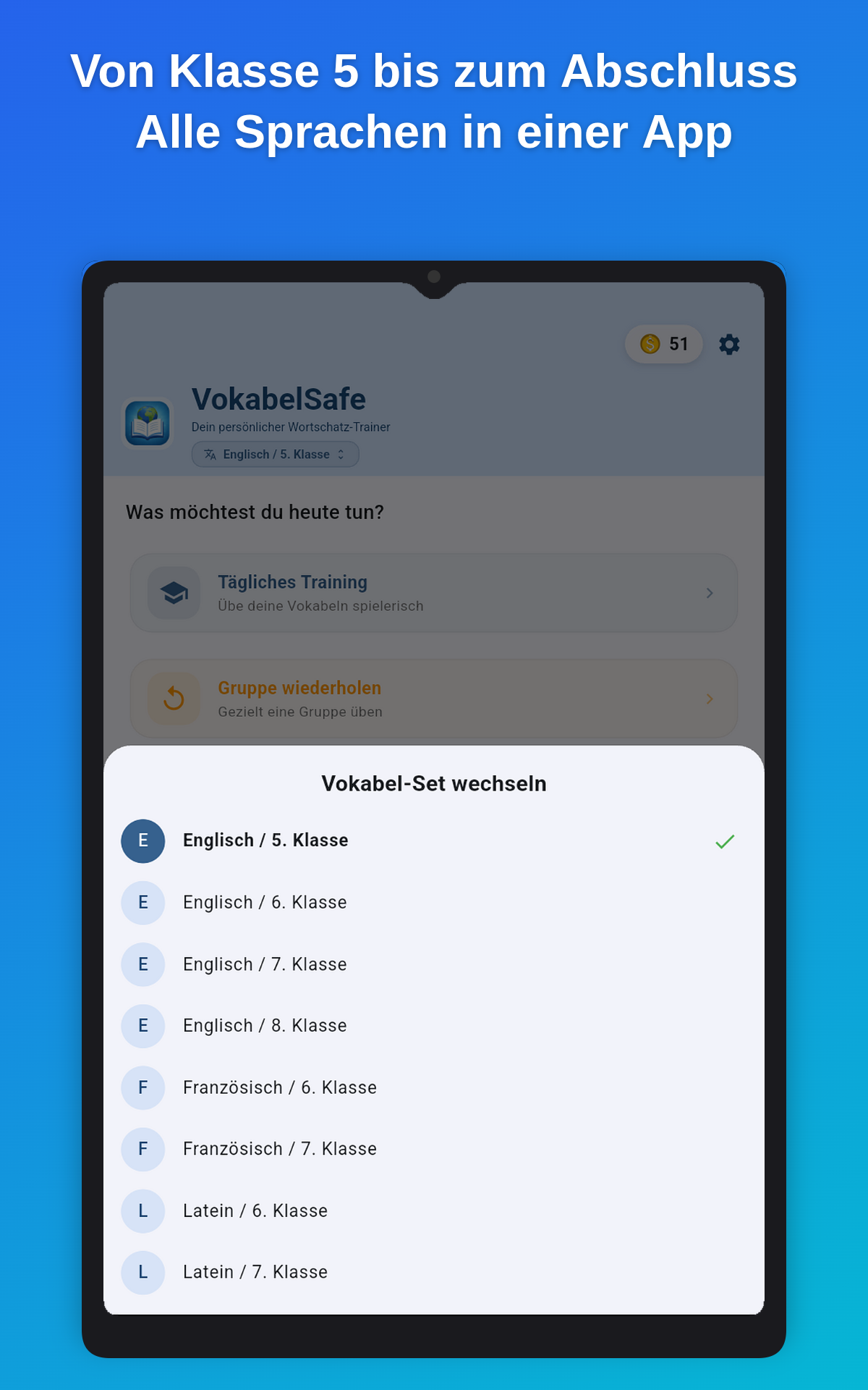 VokabelSafe App Tablet Screenshot – Übersichtliche Vokabellisten auf dem Tablet