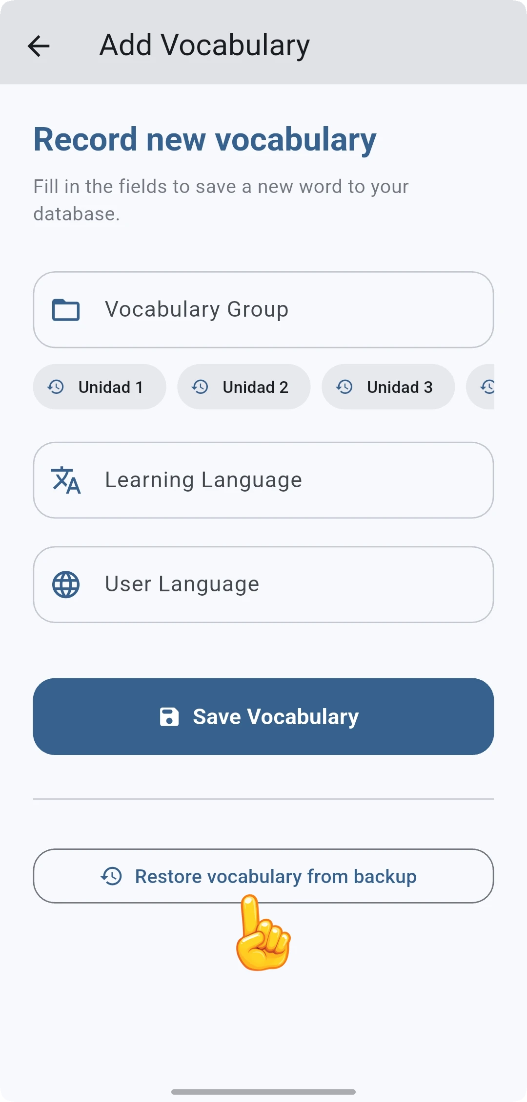 Screenshot of the VokabelSafe App: Restore Vocabulary from Backup button