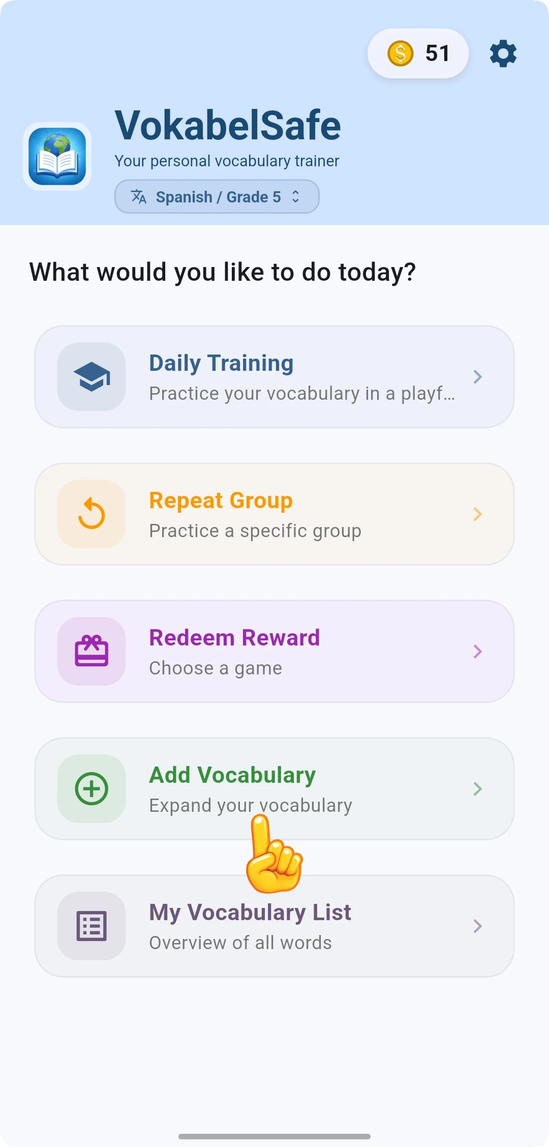 Screenshot of the VokabelSafe App: Main page with Add Vocabulary button