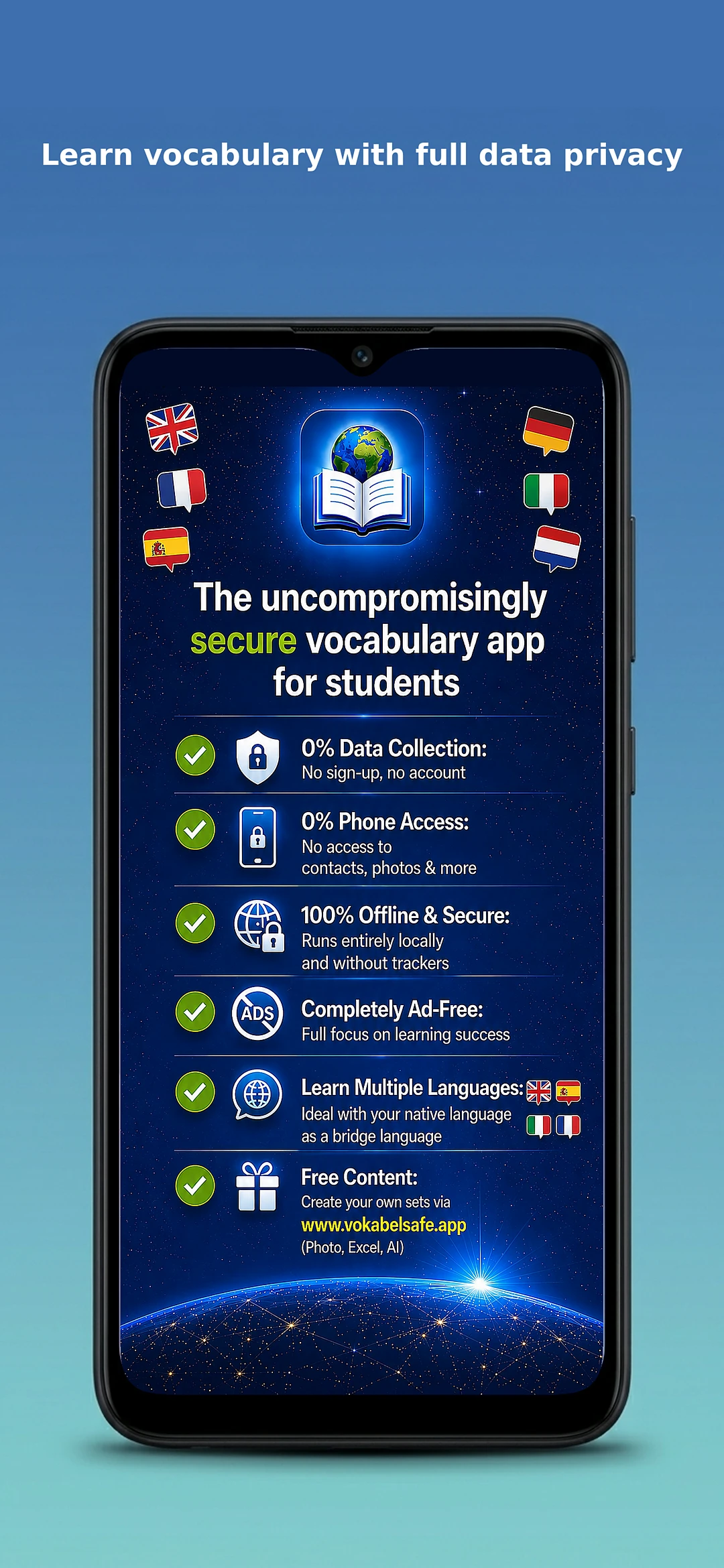 VokabelSafe App Smartphone Screenshot – Testing and learning vocabulary